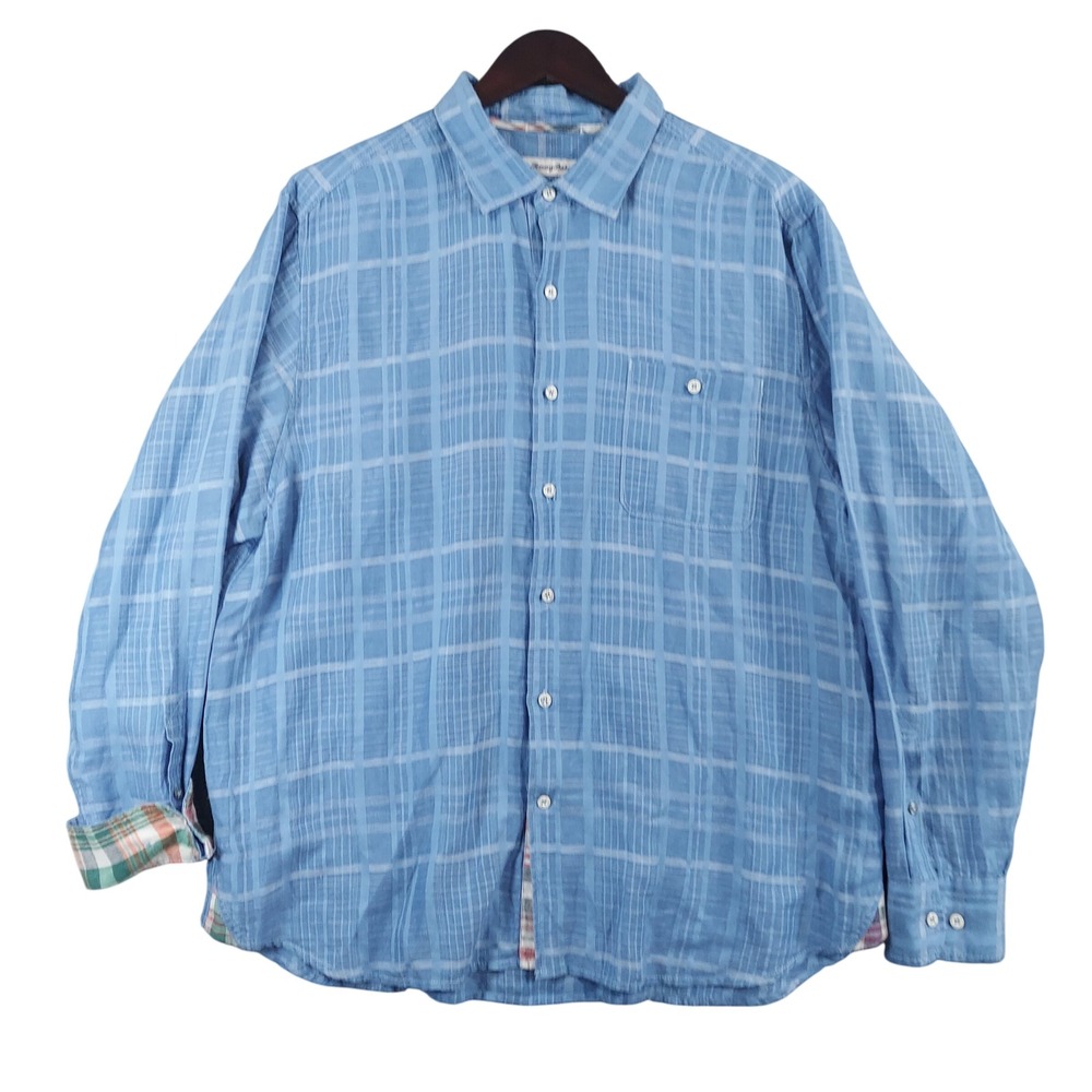 Tommy Bahama Button Front Shirt Men XL Blue Linen Blend Tonal Plaid Long Sleeve